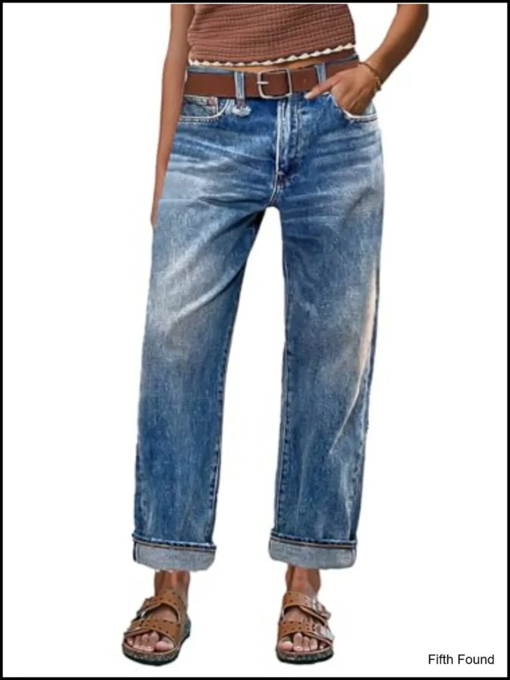 Vintage Wash Raw Hem Mid Waist Straight Leg Crop Jeans